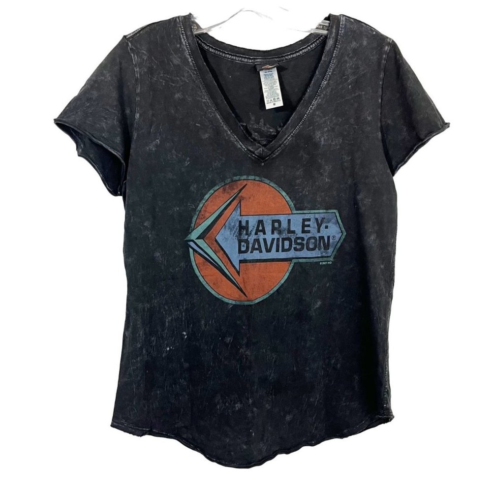 Harley-Davidson Black‎ Acid Wash Short Sleeve V-Neck Graphic Tee Womens Medium